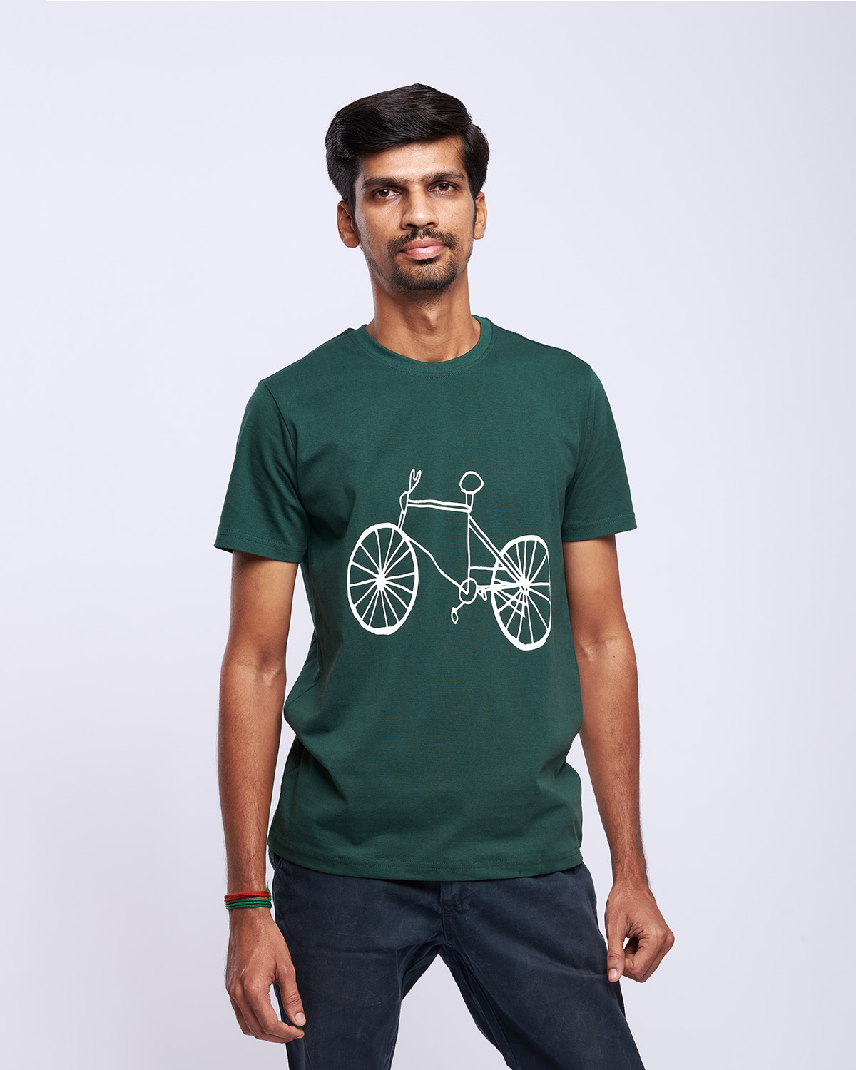 airgarb bottle green round neck cotton printed cycle wearing model m size