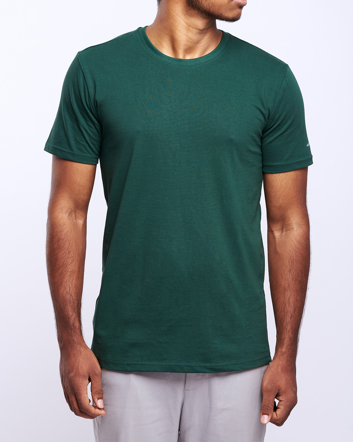 airgarb bottle green round neck cotton tshirt plain solid wearing large size model